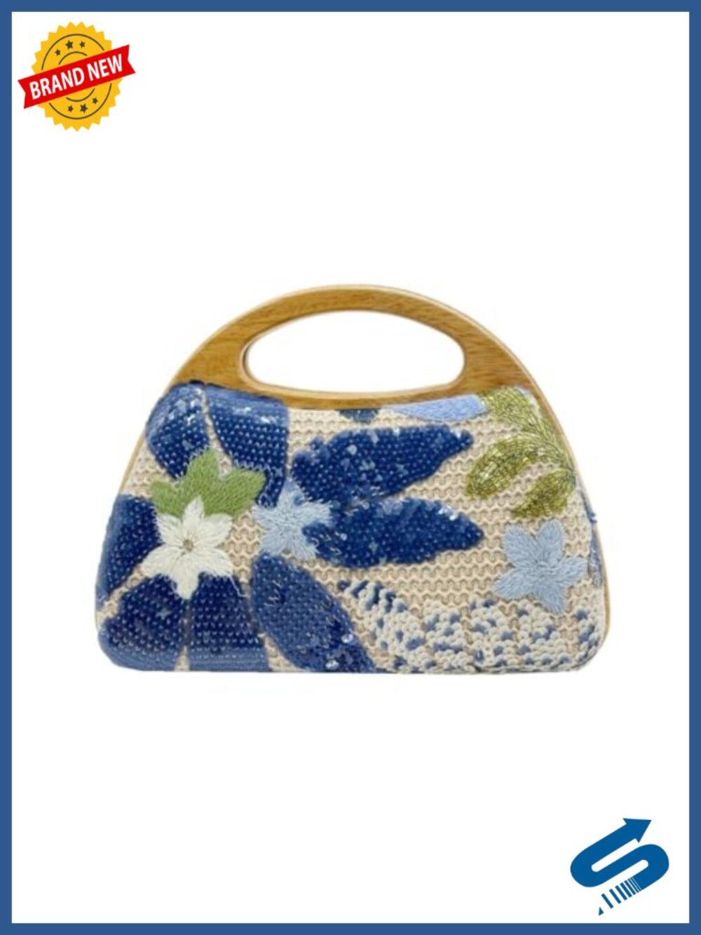 Straw Woven Clutch Handbag with Sequin Flowers Top Handle Evening Bag